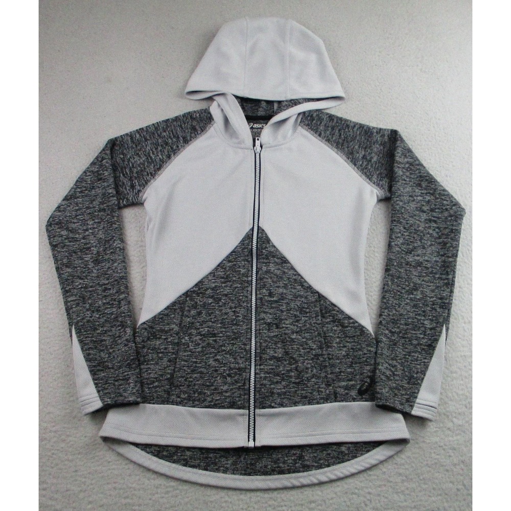 Asics Jacket Womens XS‎ White Gray Full Zip Hoodie Running Athletic Performance
